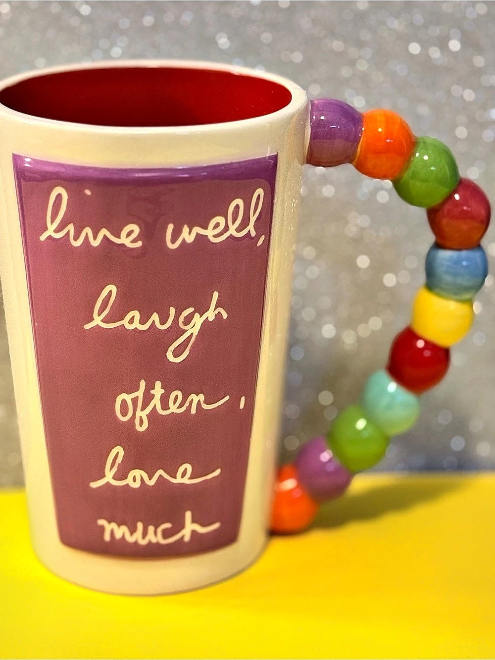 Sandra Magsamen Live Well, Laugh Often, Love Much Beaded Handle Mug in Cream